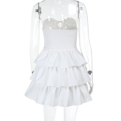 Tube Mini Dresses - Tube Top Hollow-out Cinched White Cake Dress Female Dress