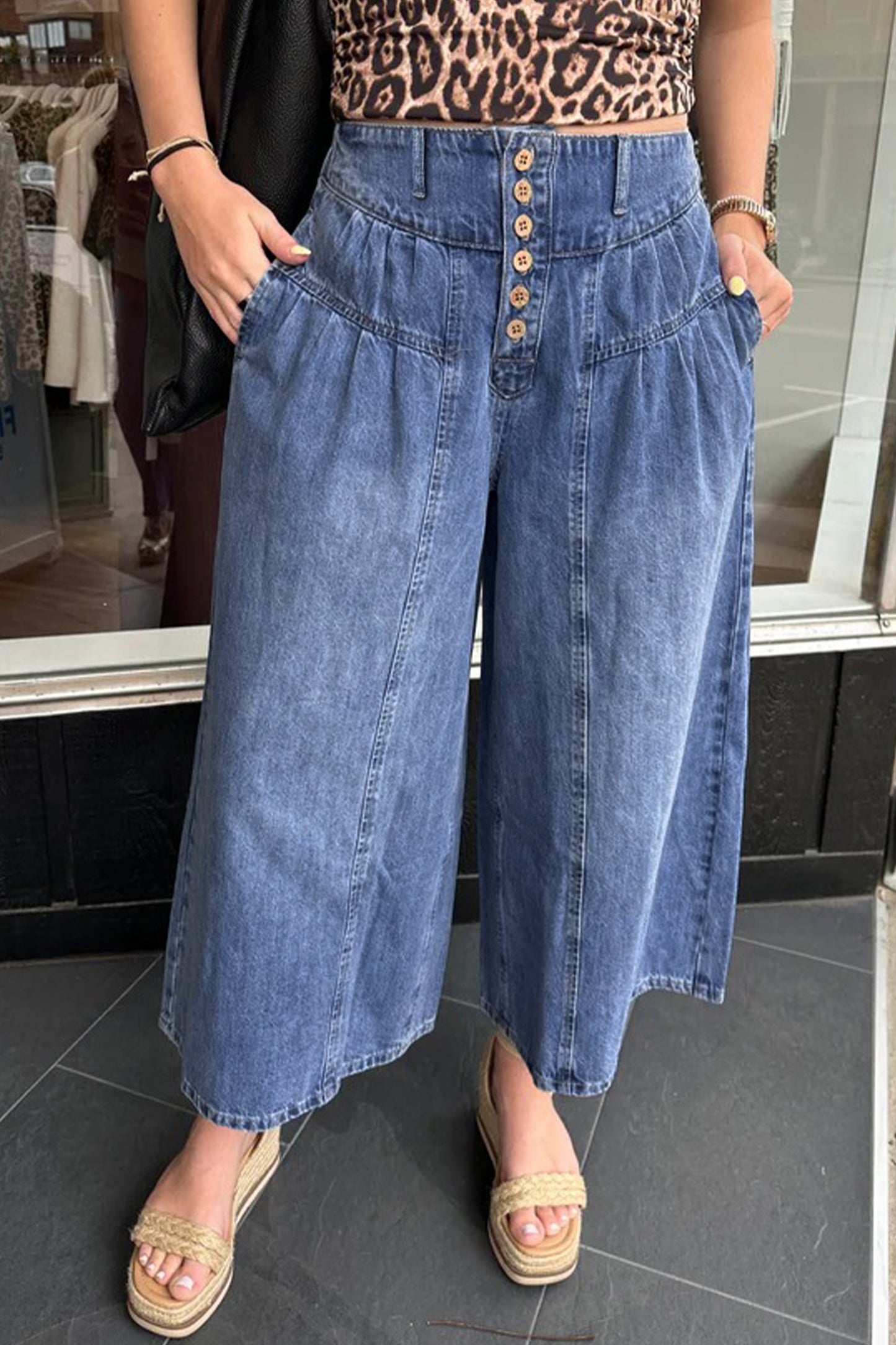 Jeans - Dusk Blue High Rise Buttons Pleated Cropped Wide Leg Denim Pants