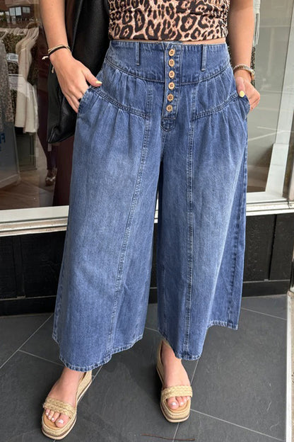 Jeans - Dusk Blue High Rise Buttons Pleated Cropped Wide Leg Denim Pants