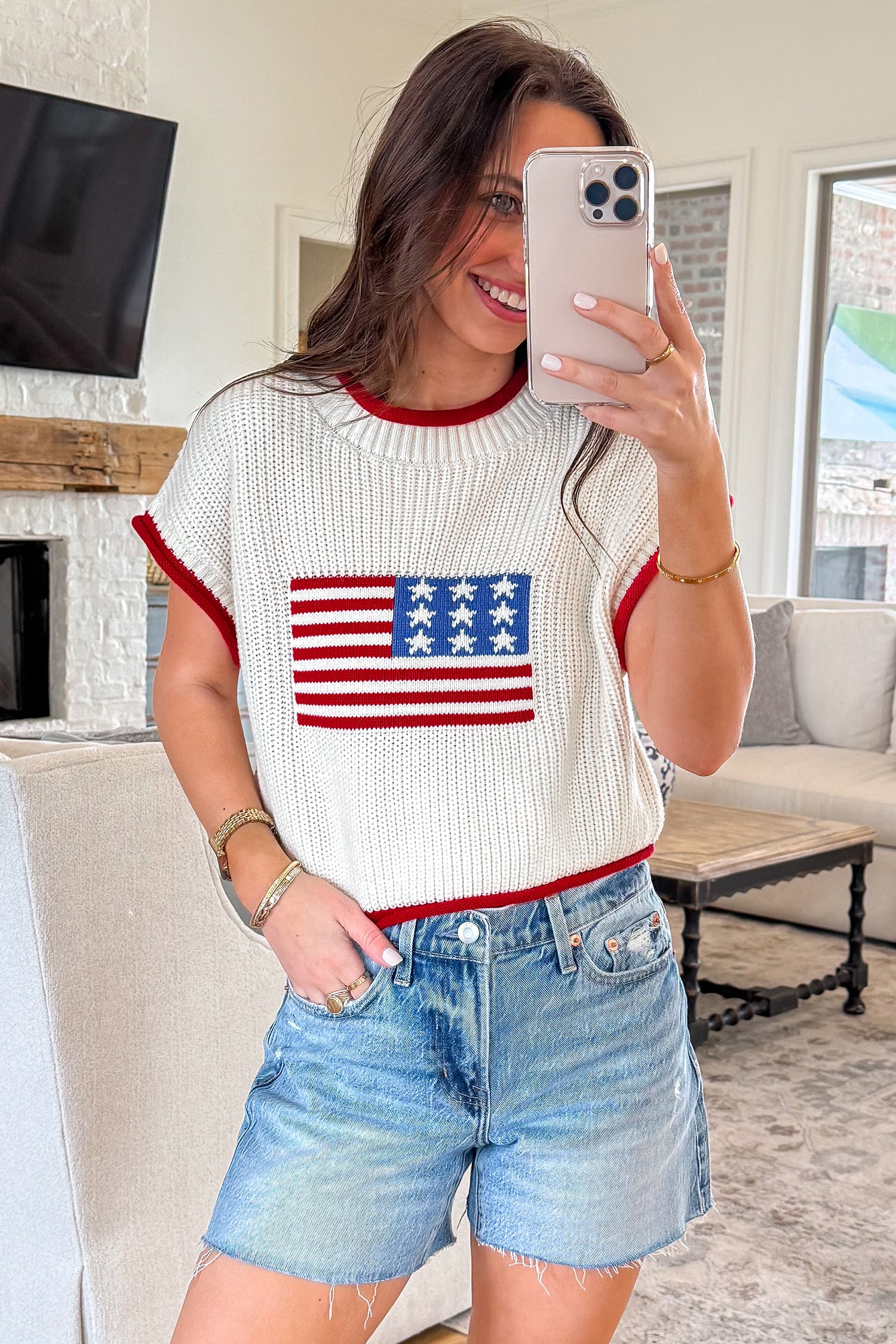 Short Sleeve Sweaters - White Flag Print Cropped Short Sleeve Sweater