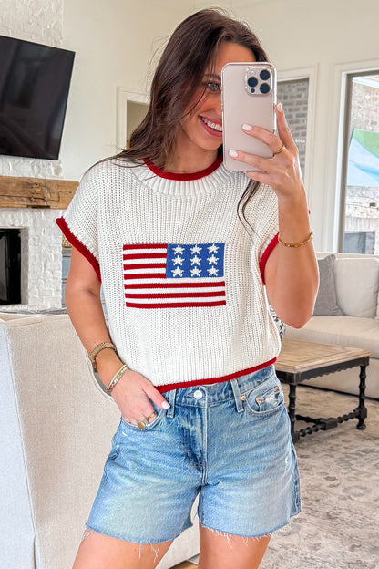 Short Sleeve Sweaters - White Flag Print Cropped Short Sleeve Sweater