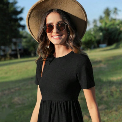 Blouses - Women's Short Sleeve T-shirt With Ruffled Bottom In Dark Blue