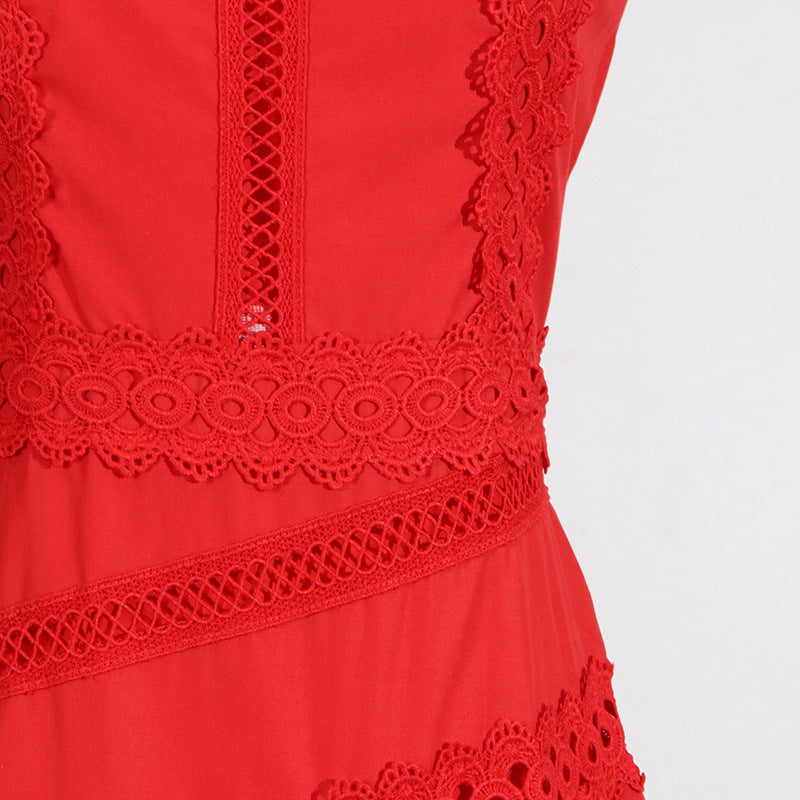 Round Neck Sleeveless Waist Lace Stitching Solid Color Dress