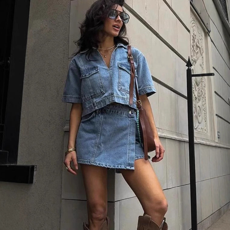 Skirt Set - Summer V-neck Short-sleeved Top Summer Women's Hot Girl High Waist Irregular