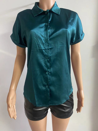Multicolor Silk Short Sleeve Satin Button Shirt Casual Loose Top