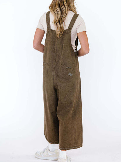  - Distressed Wide Leg Denim Overalls