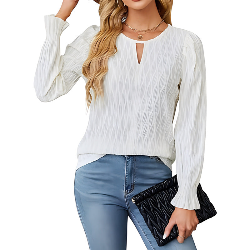 Blouses - Jacquard Round Neck Long Sleeve Top Women's Clothing