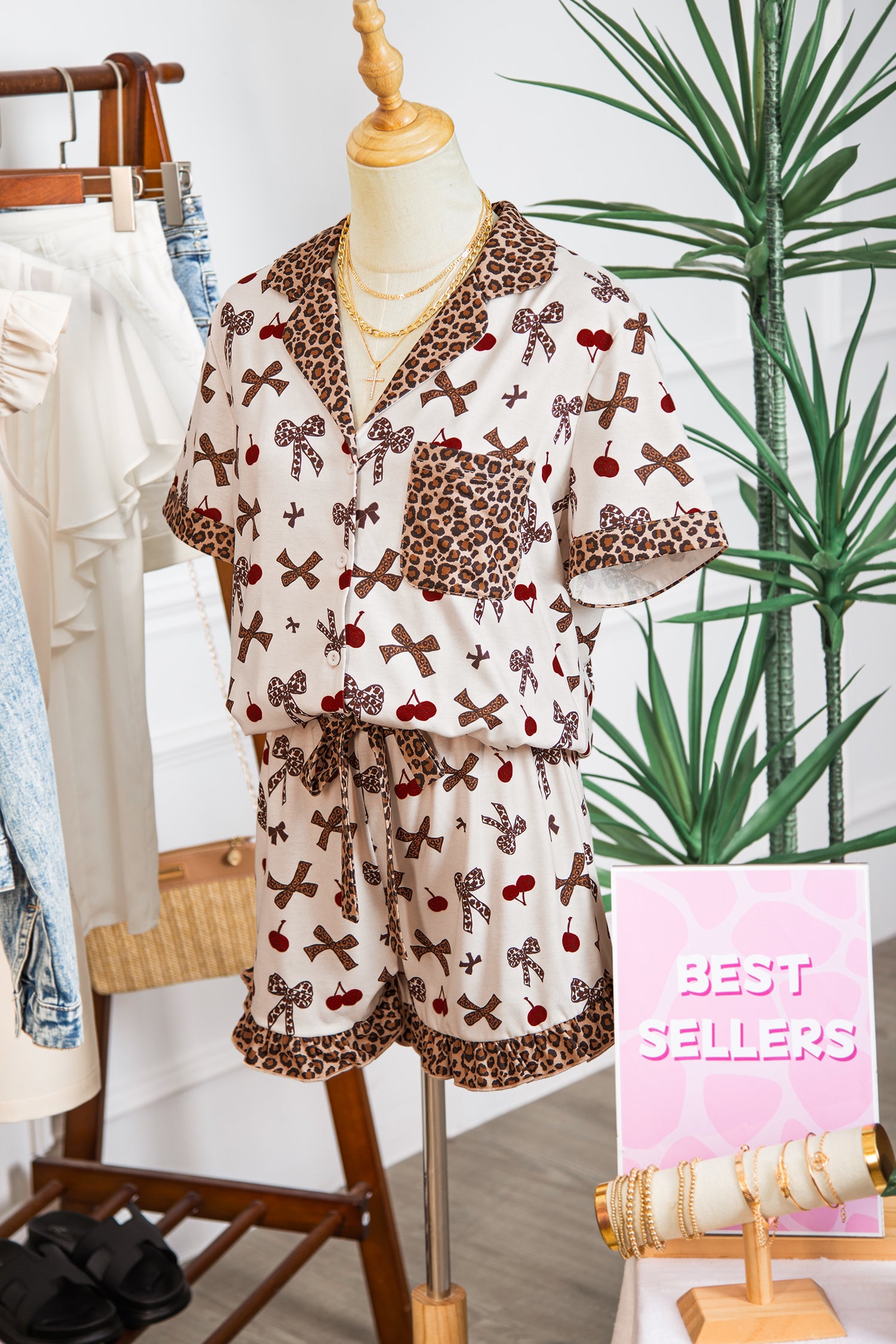 Sleepwear - White Chic Bow Cherry Printed Leopard Contrast Patchwork Shirt Drawstring Shorts 2pcs PJ Set