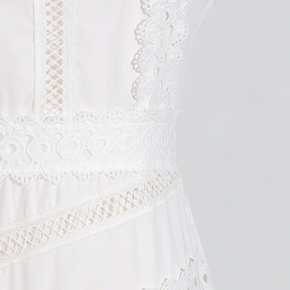 Round Neck Sleeveless Waist Lace Stitching Solid Color Dress