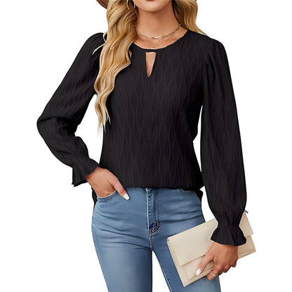 Blouses - Jacquard Round Neck Long Sleeve Top Women's Clothing