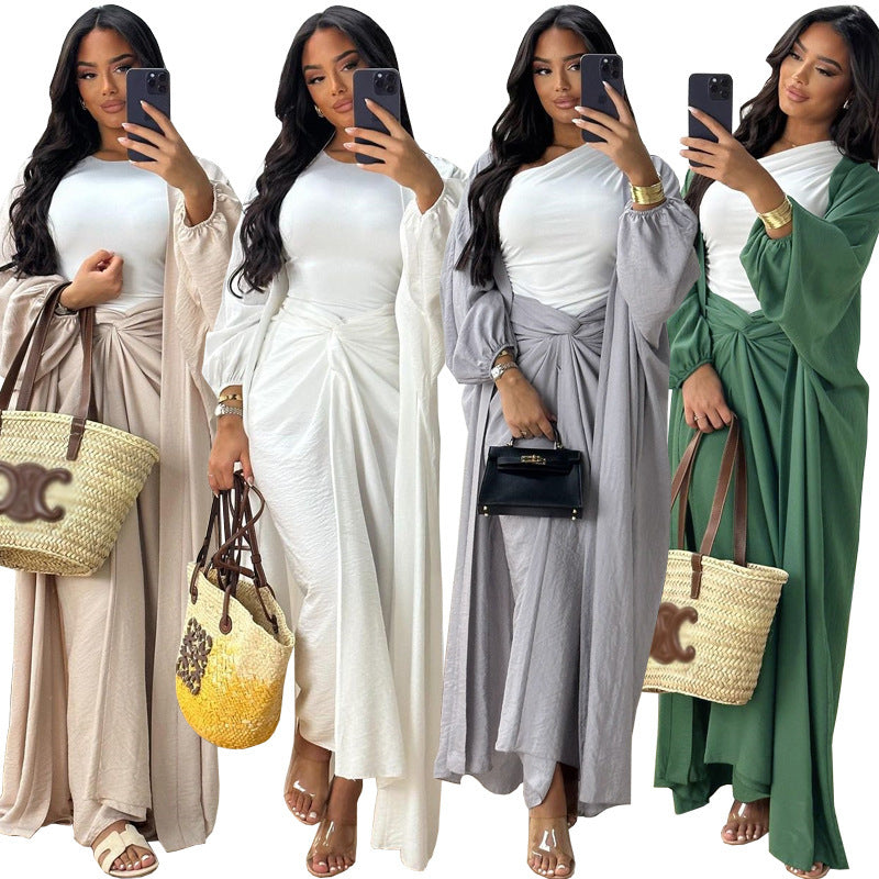 Pants Set - Nipped Waist Skirt Robe Two-piece Set