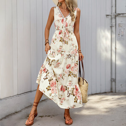 A-Line Dresses - European And American Printed Dress V-neck Lace Stitching Dress