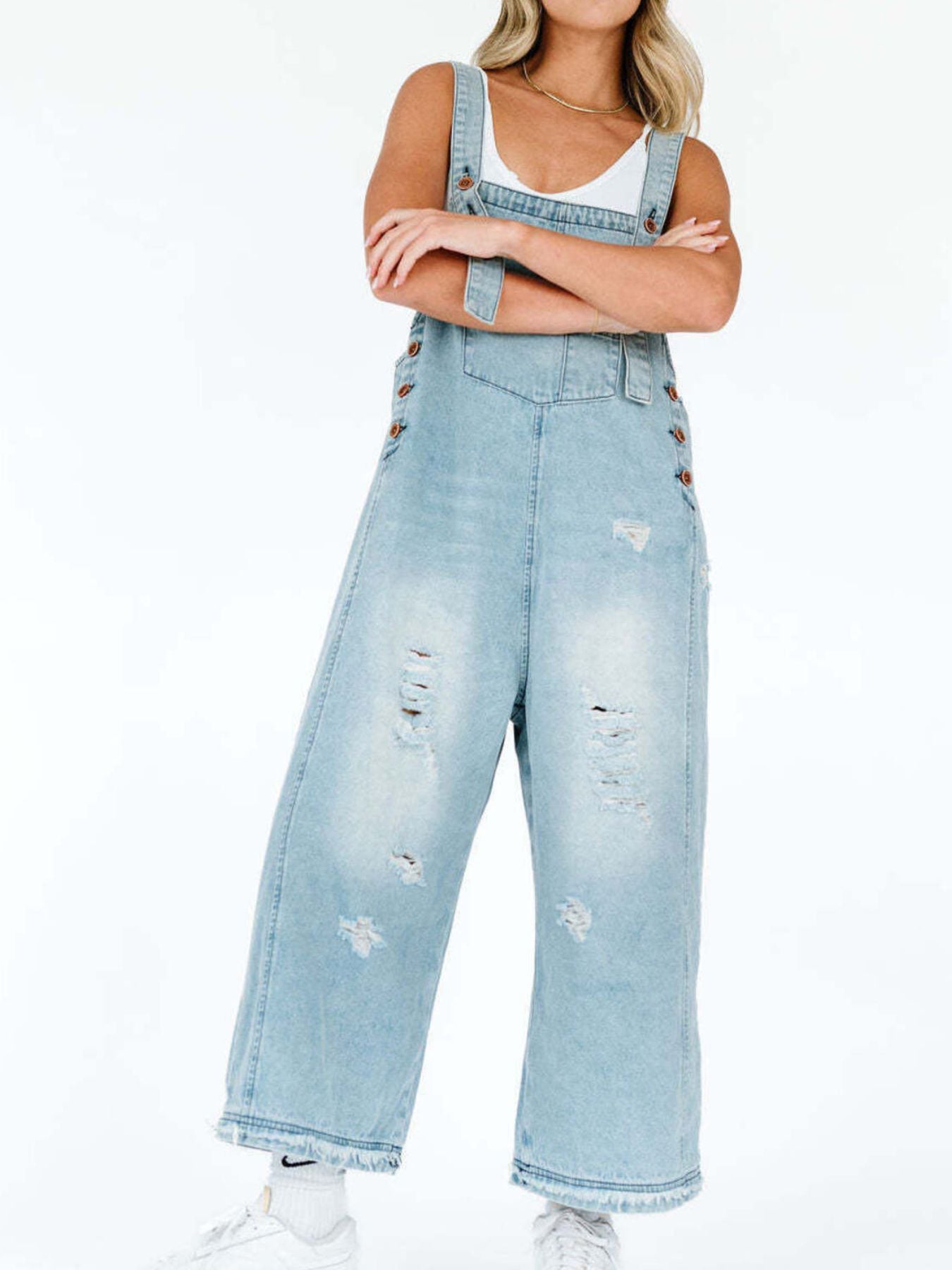  - Distressed Wide Leg Denim Overalls