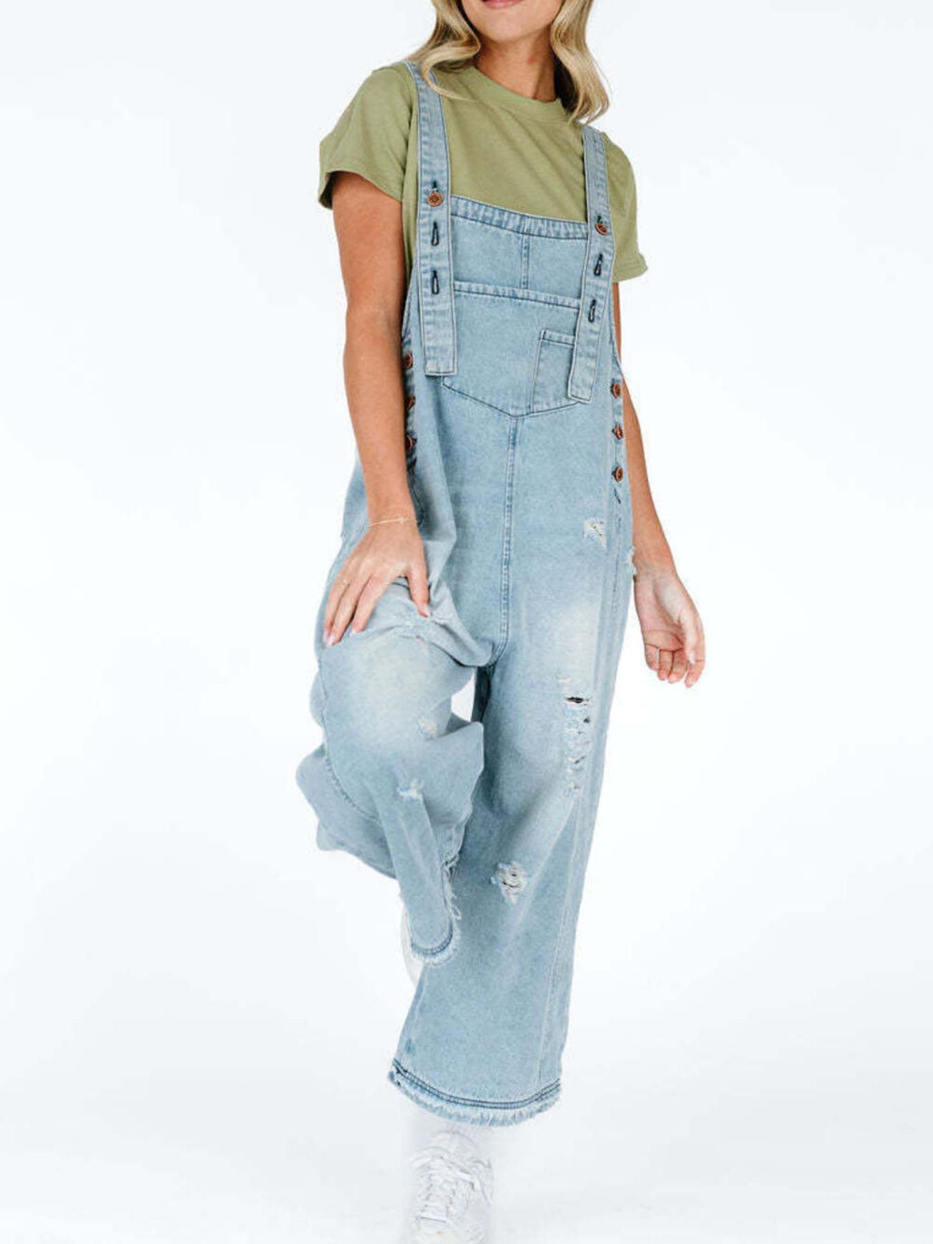  - Distressed Wide Leg Denim Overalls