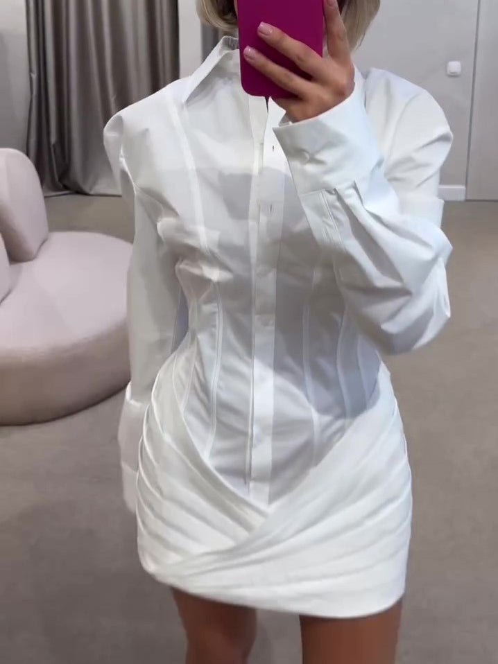 Shirt Dresses - White Pleated Long Sleeve Shirt Dress