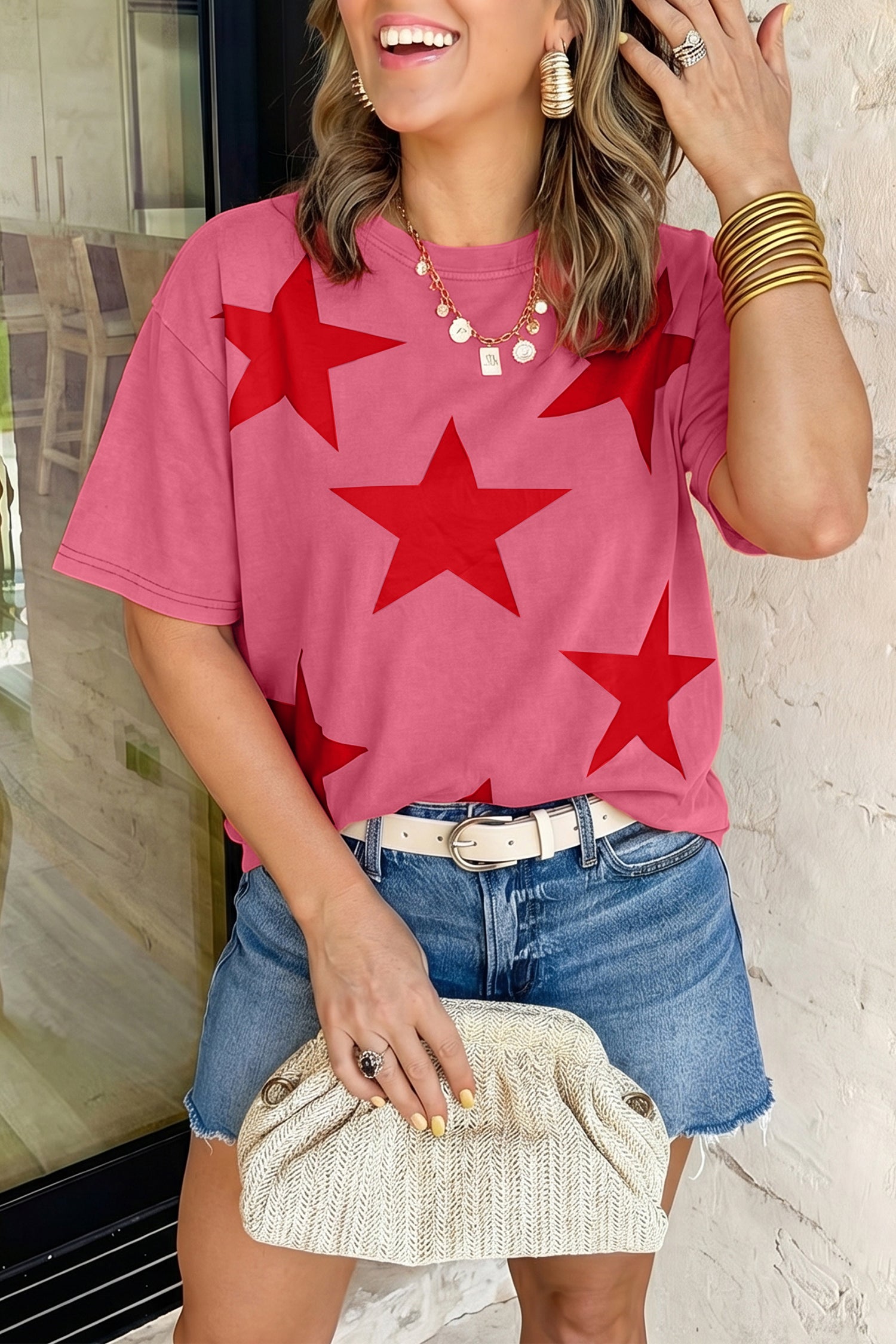 Tops & Tees - Red Independence Day Star Printed Mineral Wash T Shirt