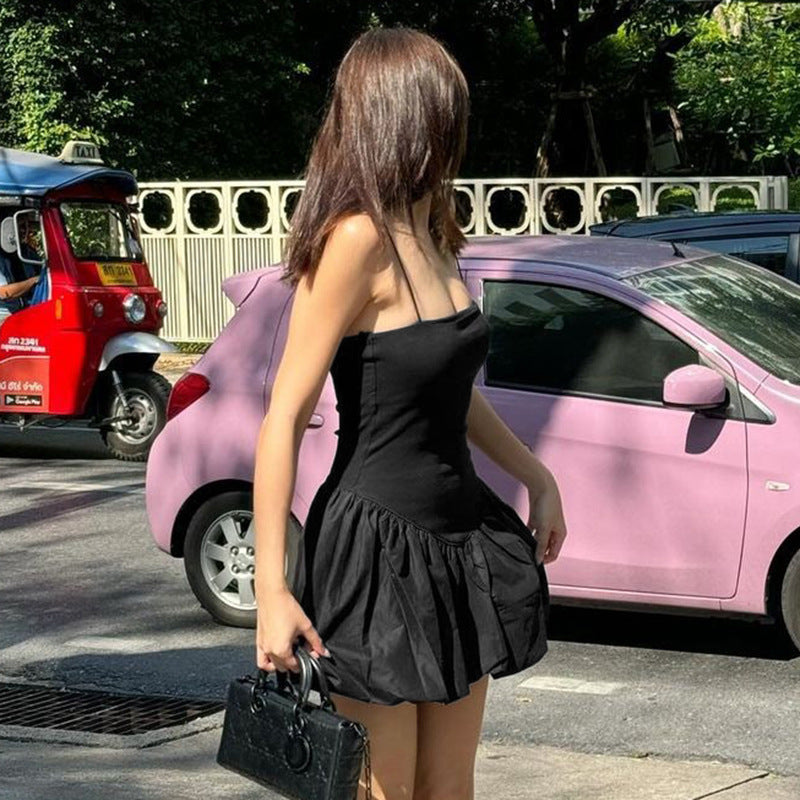 Drop Waist Dresses - Women's Solid Color Sleeveless Strap Stitching Short Dress