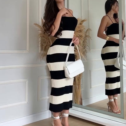 Knit Stripe Backless Summer Dress for Casual Elegance