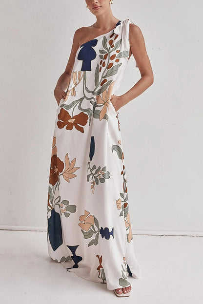 One Shoulder Dresses - Oblique Shoulder Printed Pocket Dress Loose
