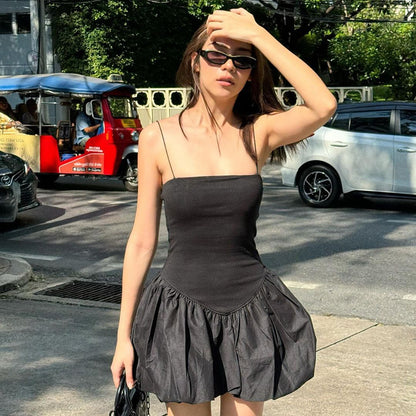 Drop Waist Dresses - Women's Solid Color Sleeveless Strap Stitching Short Dress