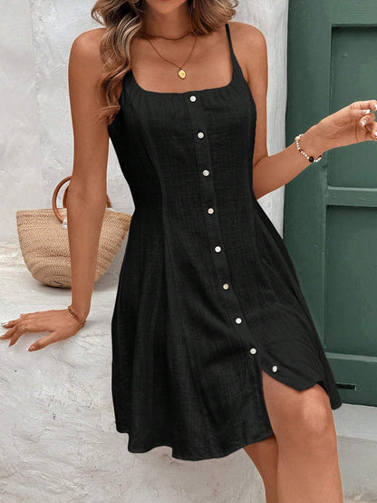 A-Line Dresses - Linen Dress Halter Front Center Button Decoration Comfortable