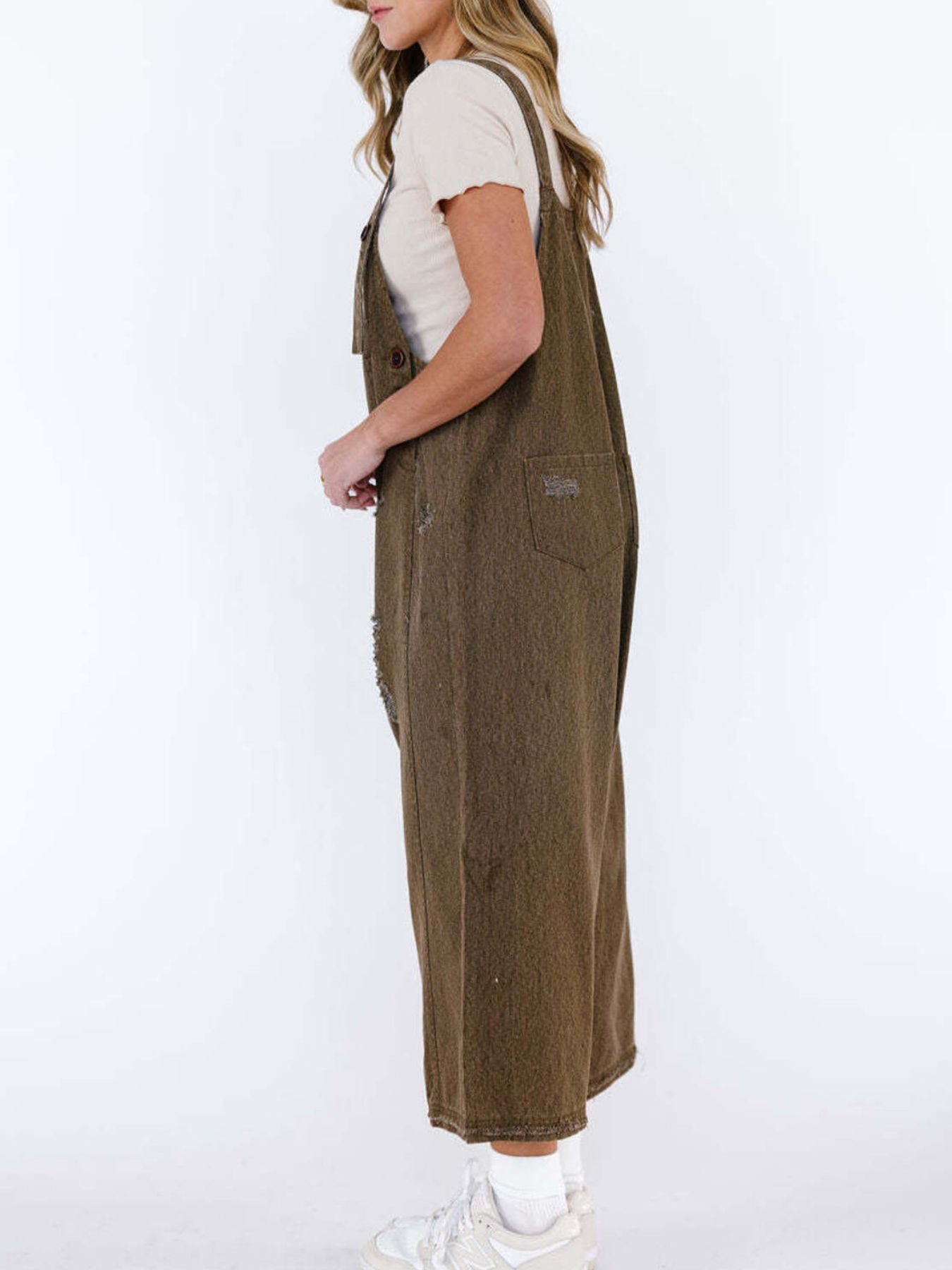  - Distressed Wide Leg Denim Overalls