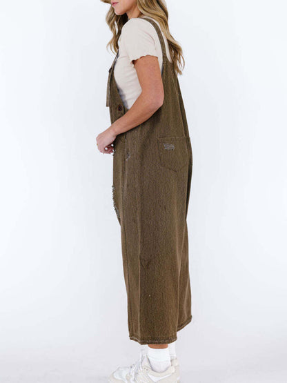  - Distressed Wide Leg Denim Overalls