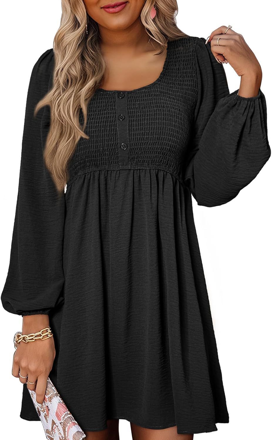Casual Dresses - Long Sleeve High Waist A- Line Mini Dress