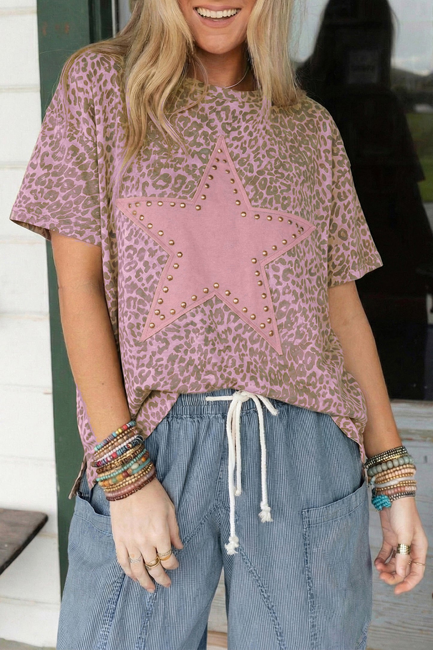 Tops & Tees - Pink Leopard Retro Studded Star Patch Loose Tee