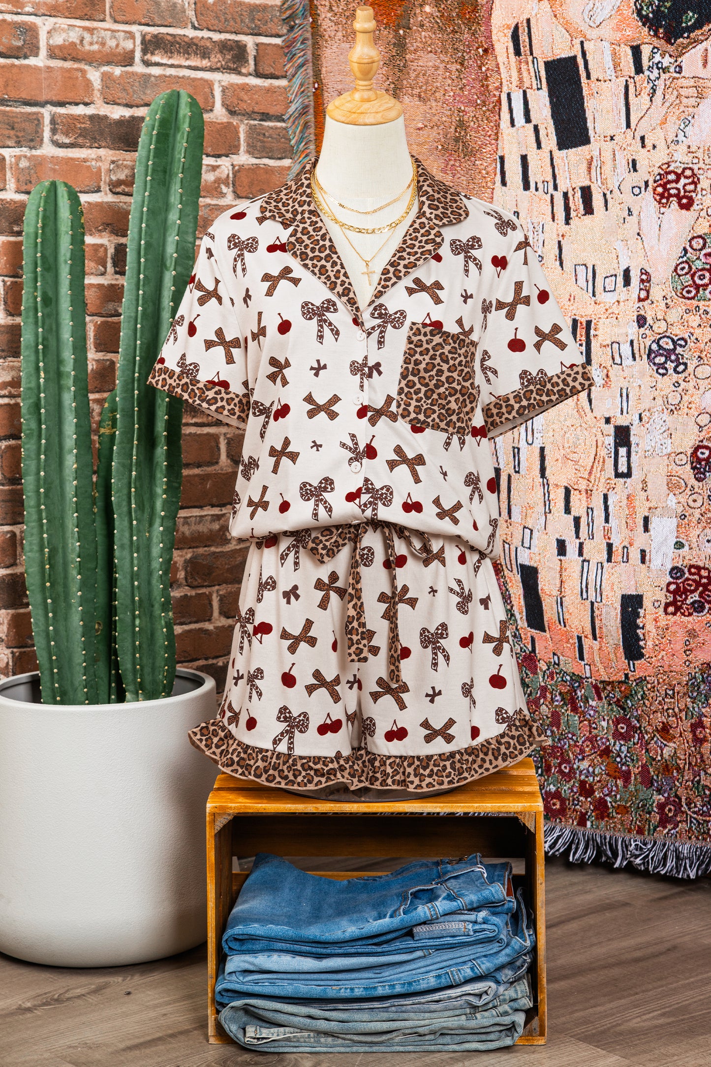 Sleepwear - White Chic Bow Cherry Printed Leopard Contrast Patchwork Shirt Drawstring Shorts 2pcs PJ Set