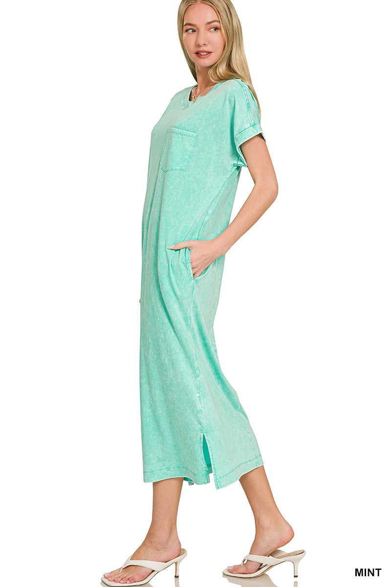  - Zenana Washed Exposed Seam Short Sleeve T-Shirt Dress