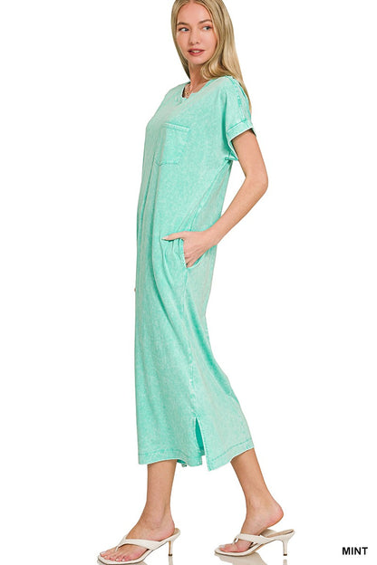  - Zenana Washed Exposed Seam Short Sleeve T-Shirt Dress
