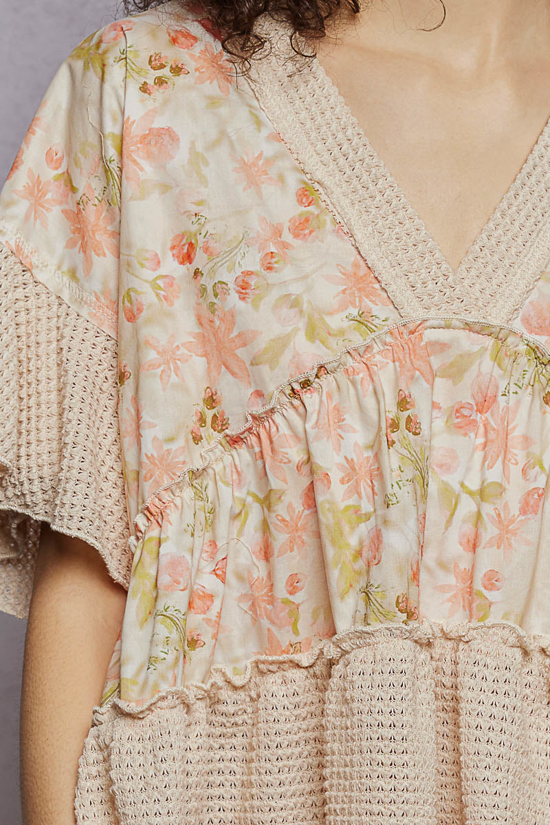  - POL Floral Print V-Neck Woven Blouse with Gentle Gathers