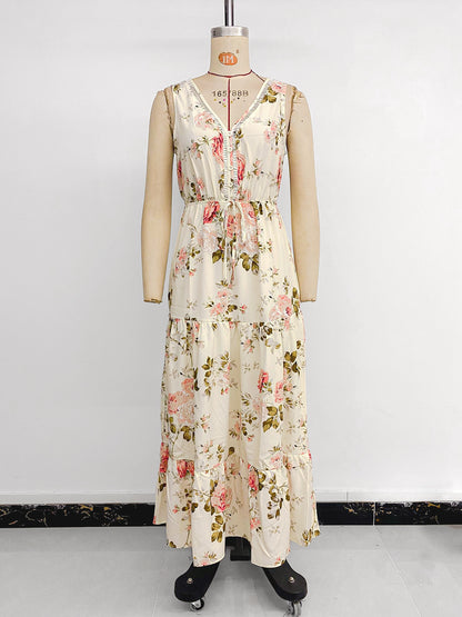 A-Line Dresses - European And American Printed Dress V-neck Lace Stitching Dress