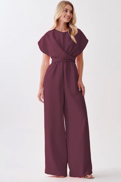 Jumpsuits & Rompers - Burgundy Solid Color Cap Sleeve Knot Waist Shift Jumpsuit