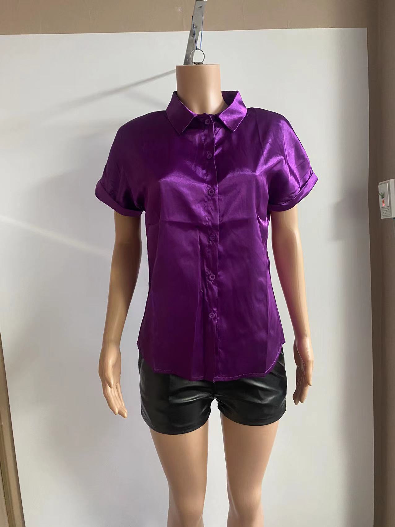 Multicolor Silk Short Sleeve Satin Button Shirt Casual Loose Top