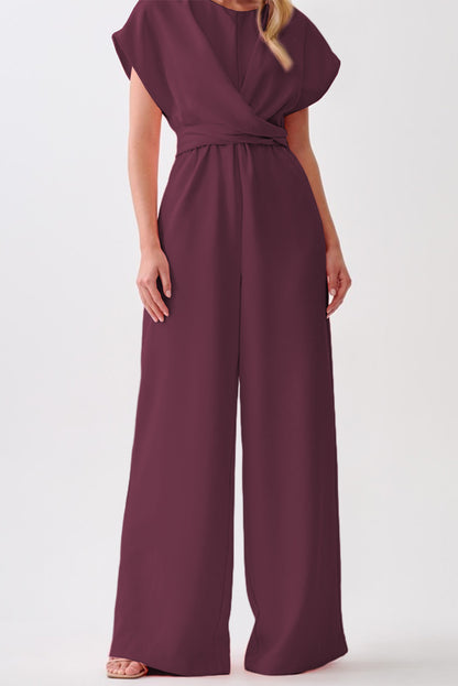 Jumpsuits & Rompers - Burgundy Solid Color Cap Sleeve Knot Waist Shift Jumpsuit