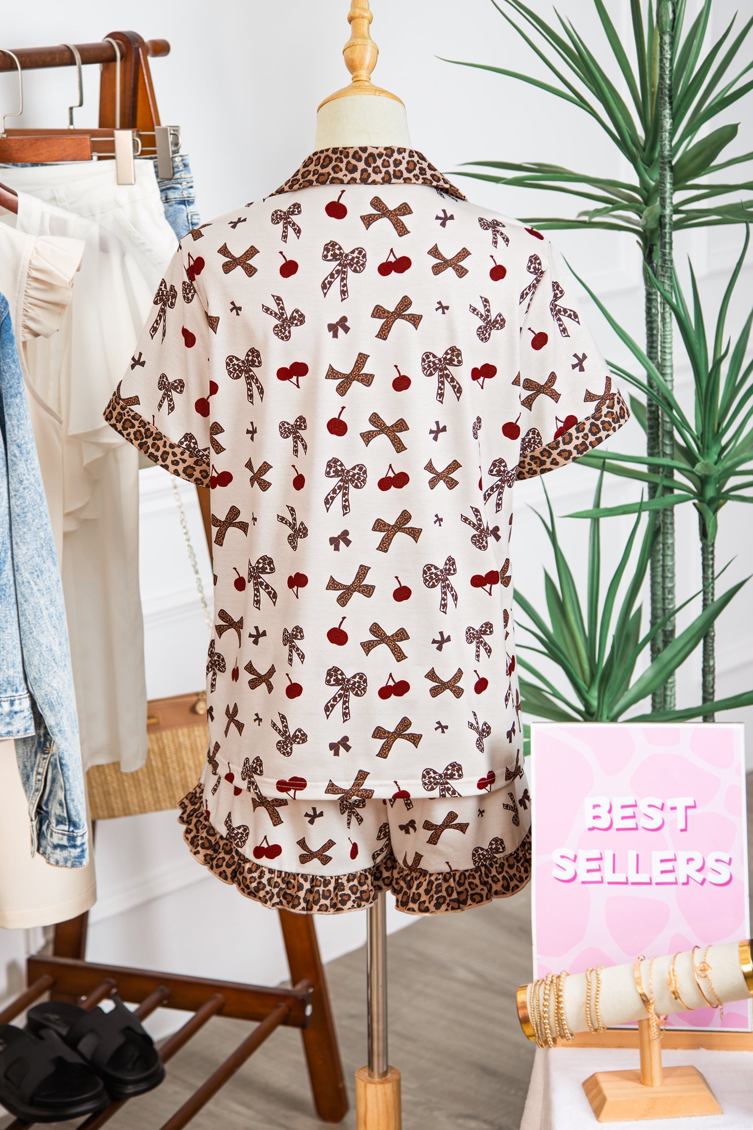 Sleepwear - White Chic Bow Cherry Printed Leopard Contrast Patchwork Shirt Drawstring Shorts 2pcs PJ Set