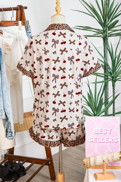 Sleepwear - White Chic Bow Cherry Printed Leopard Contrast Patchwork Shirt Drawstring Shorts 2pcs PJ Set