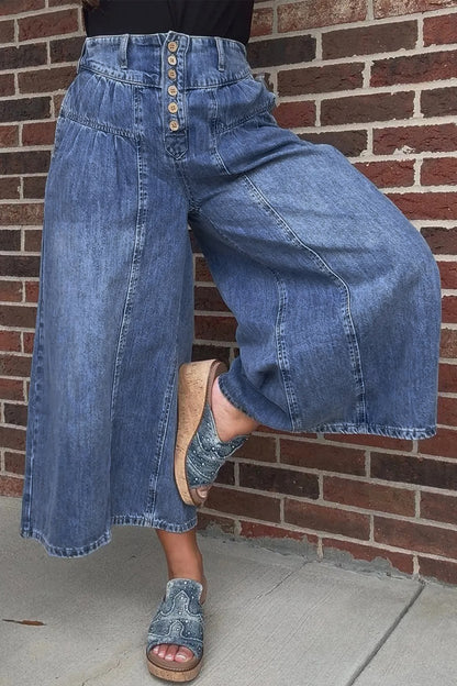 Jeans - Dusk Blue High Rise Buttons Pleated Cropped Wide Leg Denim Pants