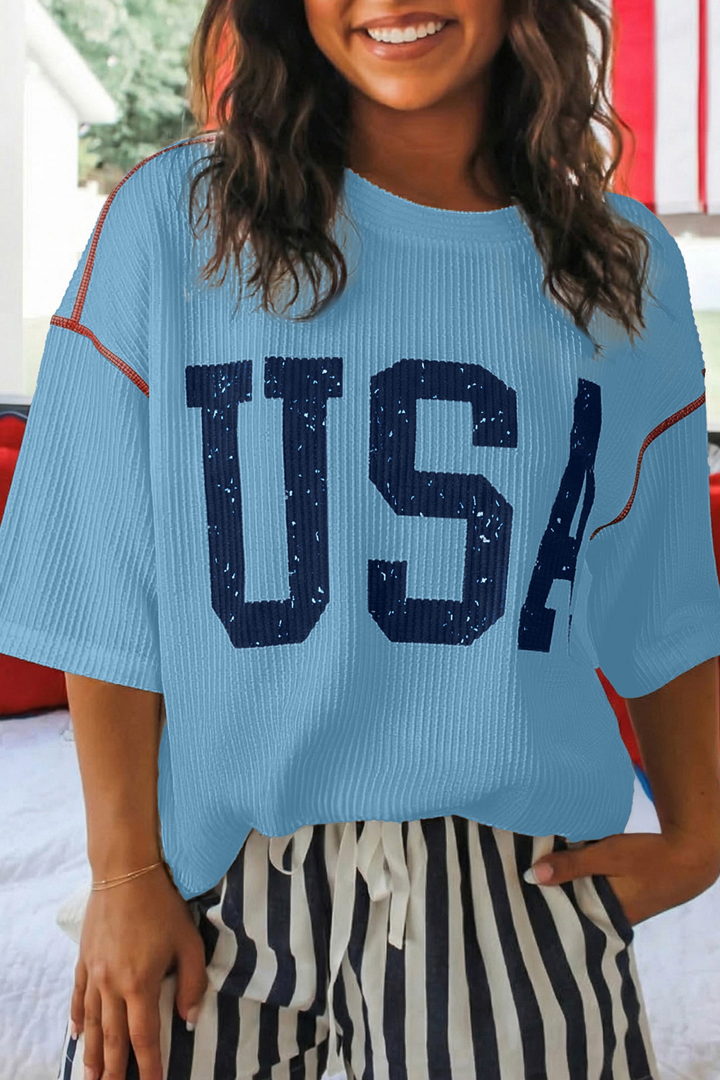 Tops & Tees - White USA Graphic Half Sleeve Loose Ribbed Top