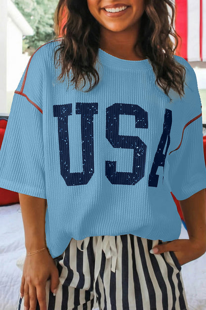 Tops & Tees - White USA Graphic Half Sleeve Loose Ribbed Top