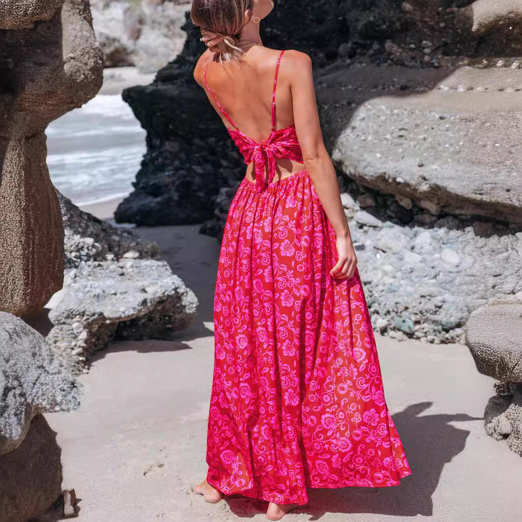 A-Line Dresses - Knotted V-neck Long Dress Women