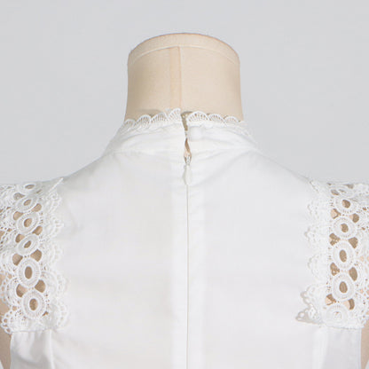 Round Neck Sleeveless Waist Lace Stitching Solid Color Dress