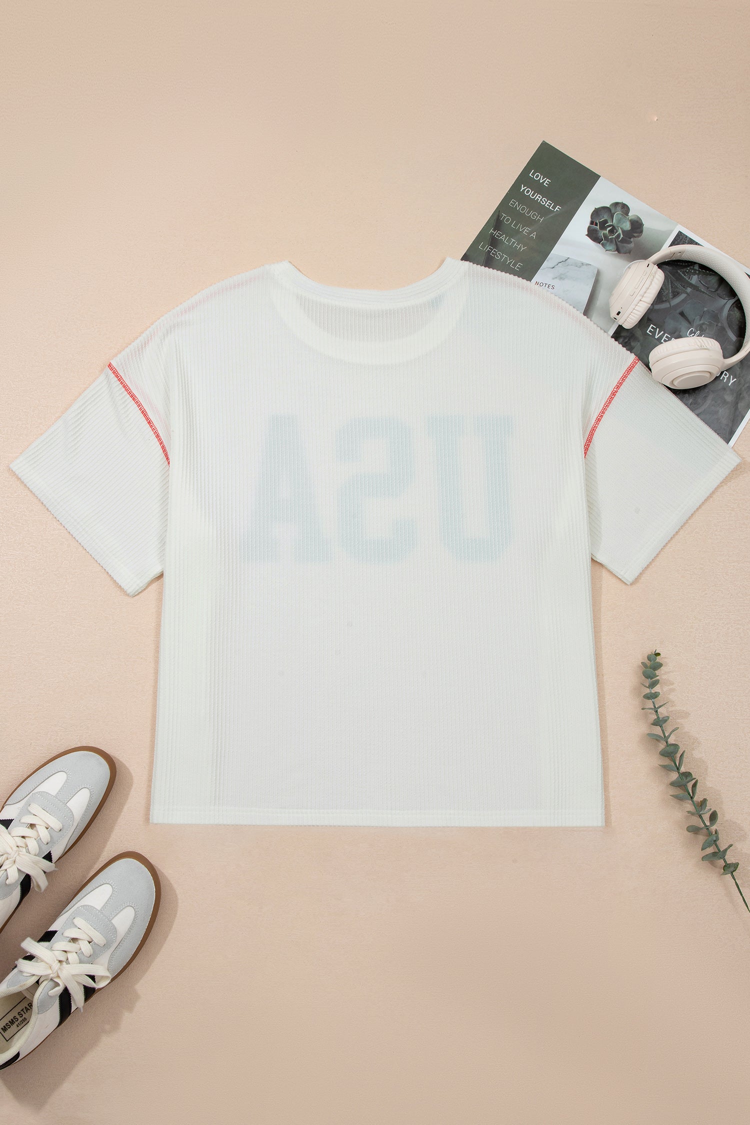 Plus Size Tops & Tees - White Plus Size Twisted Rib Vintage USA Letter Printed T Shirt