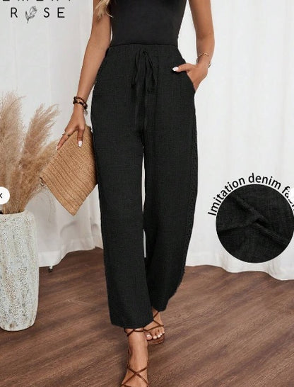 Pants - Women's Casual Side Lace Solid Denim Effect Long Pants