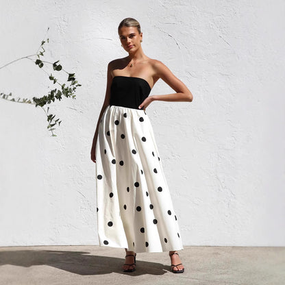 Strapless Dresses - Polka Dot Print Stitching Chest Wrap A- Line Dress