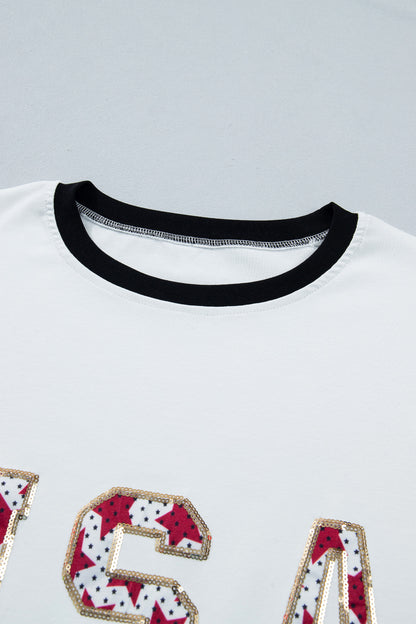 Tops & Tees - White USA Sequin Color Block Trim Loose T Shirt