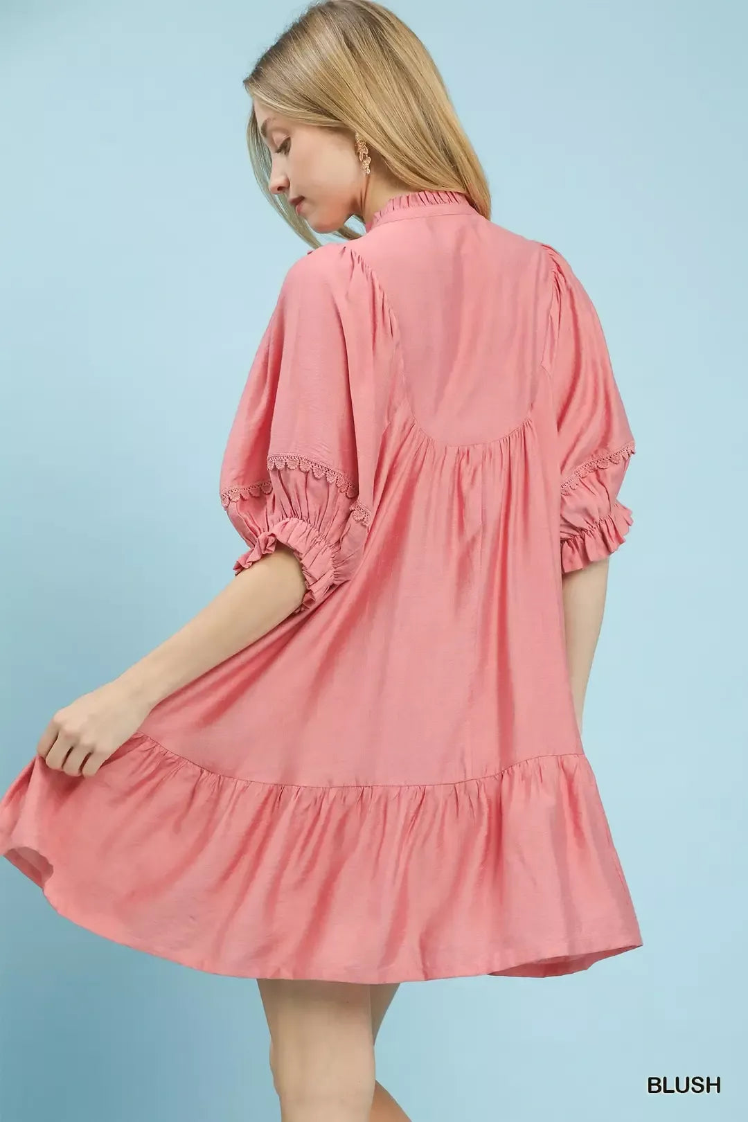  - Umgee Smocked Bib Ruffle Hem Babydoll Dress