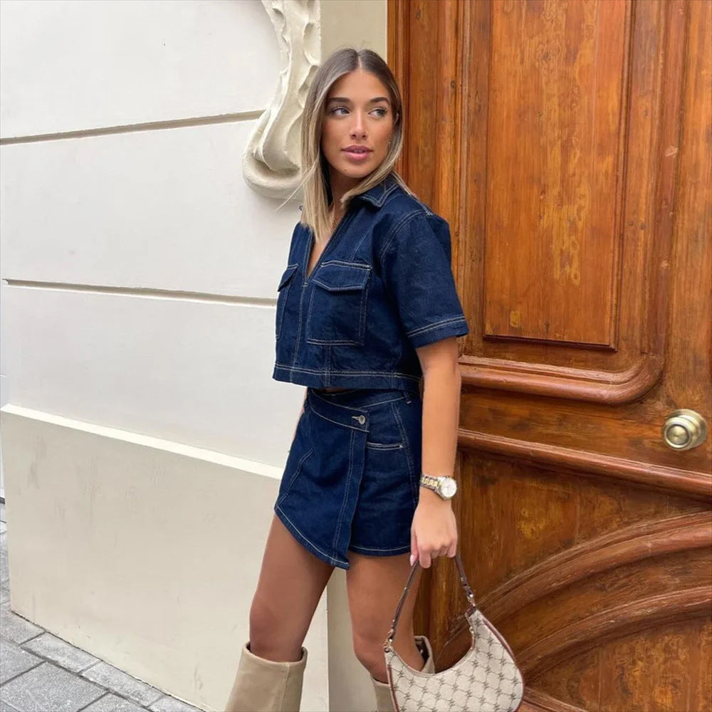 Skirt Set - Summer V-neck Short-sleeved Top Summer Women's Hot Girl High Waist Irregular